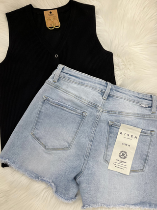 Risen High Rise Frayed Hem Shorts