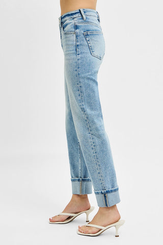 Risen High Rise Crop Straight Cuffed Jeans
