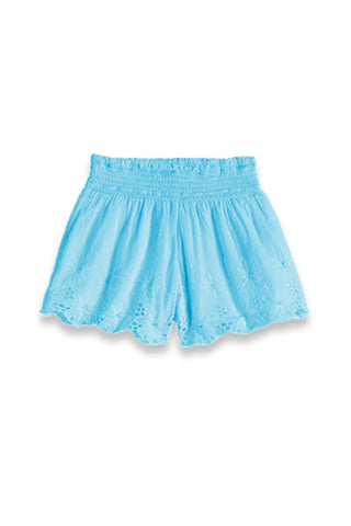 Smocking Shorts With Floral Eyelet - Light Blue