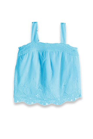 Smocking Tank With Floral Eyelet - Light Blue