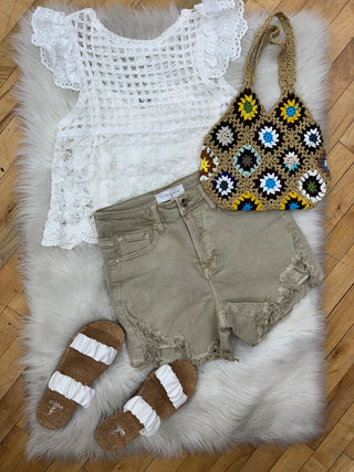 Risen Kait Khaki High Rise Denim Shorts