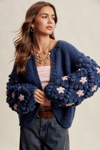 Floral Crochet Sleeve Chunky Knit Cardigan in Denim Blue