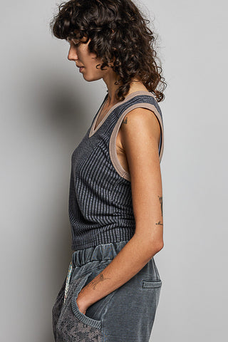 Jaylin V-Neck Sleeveless Solid Contrast Rib Knit Top