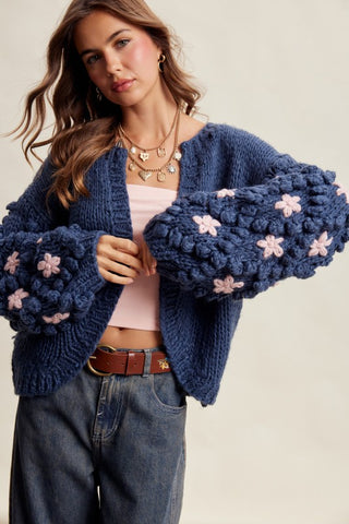 Floral Crochet Sleeve Chunky Knit Cardigan in Denim Blue