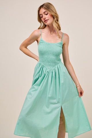 Callie Dip Front Smocked Midi Dress