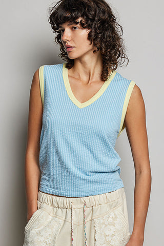 Jaylin V-Neck Sleeveless Solid Contrast Rib Knit Top