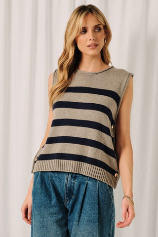Bella Boxy Stripe Sweater Vest w/Side Buttons