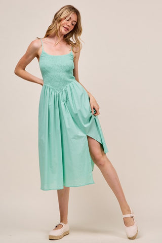 Callie Dip Front Smocked Midi Dress