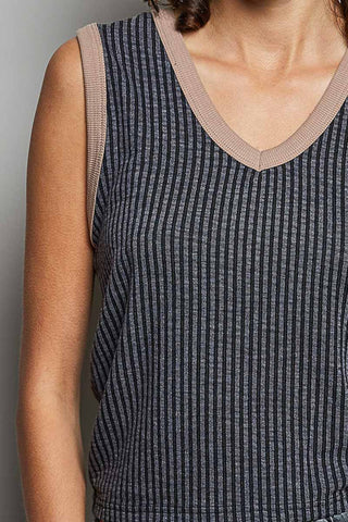Jaylin V-Neck Sleeveless Solid Contrast Rib Knit Top