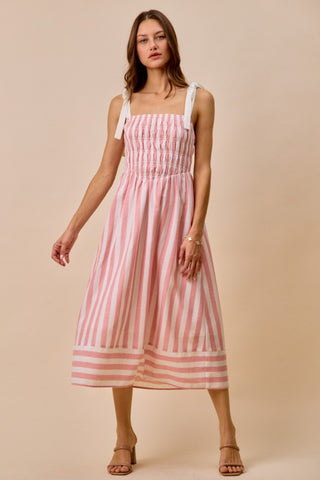 Cheri Striped Tie Shoulder Linen Midi Dress