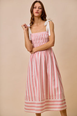 Cheri Striped Tie Shoulder Linen Midi Dress
