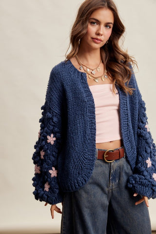 Floral Crochet Sleeve Chunky Knit Cardigan in Denim Blue