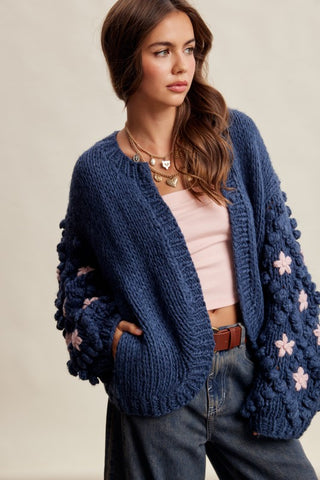 Floral Crochet Sleeve Chunky Knit Cardigan in Denim Blue