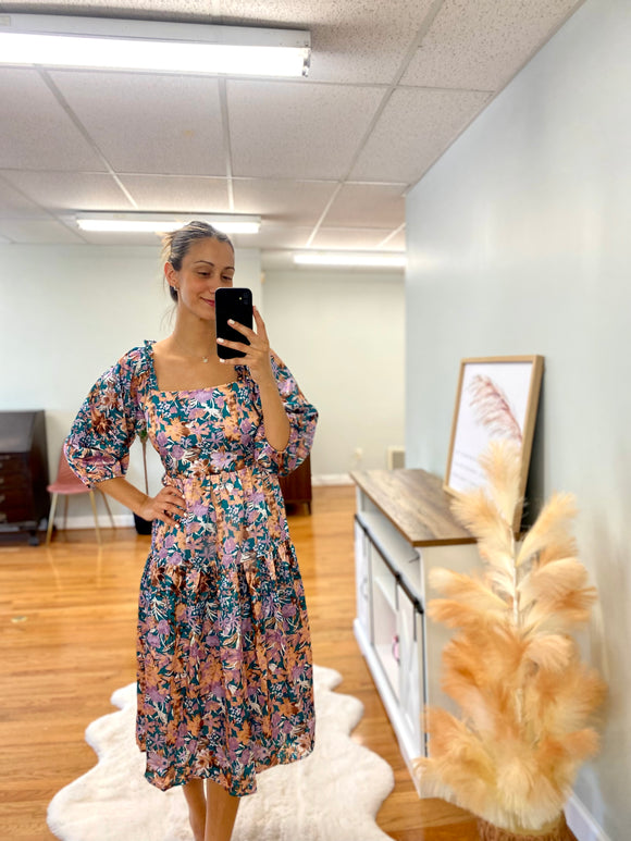 Dahlia Satin Floral Lantern Sleeve Midi Dress