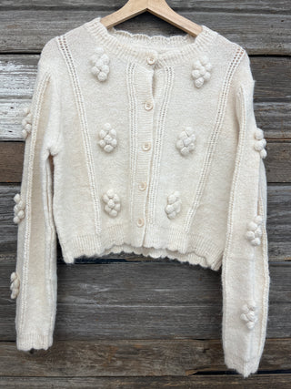 Lara Pom Pom Long Sleeve Button Down Sweater