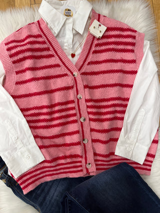 Cheryl Striped Button Up Sleeveless Sweater Top