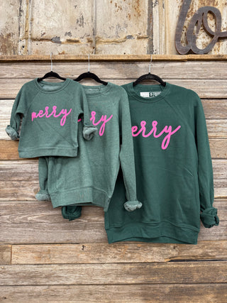 Holly Adult & Kids Green & Pink Merry Crewneck
