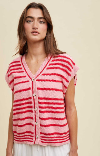 Cheryl Striped Button Up Sleeveless Sweater Top