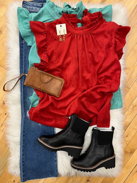 Daphne Suede Ruffle Sleeve Top