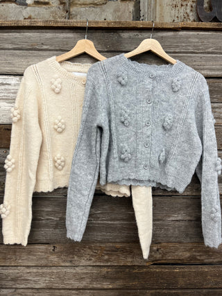 Lara Pom Pom Long Sleeve Button Down Sweater