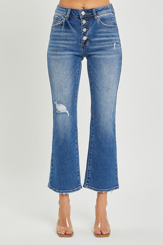 Risen Mid Rise Button Down Cropped Flare Jeans