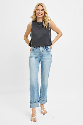 Risen High Rise Crop Straight Cuffed Jeans