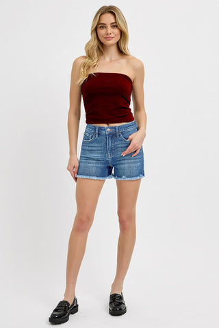 Risen High Rise Fray Hem Shorts