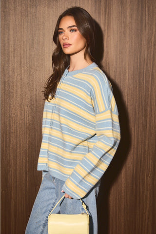 Gail Long Sleeve Crew Neck Striped Sweater Cardigan
