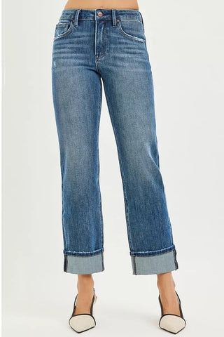 Risen Stretch Slouchy Straight Jeans w/Cuffed Hem