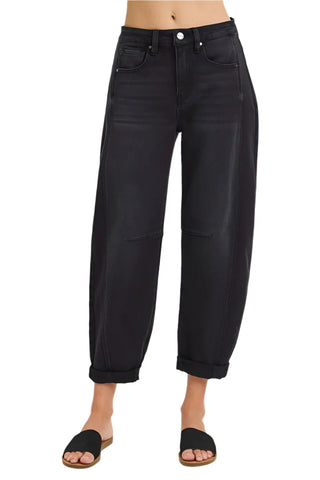 Risen High Rise Crop Barrel Jeans Cuffed - Black