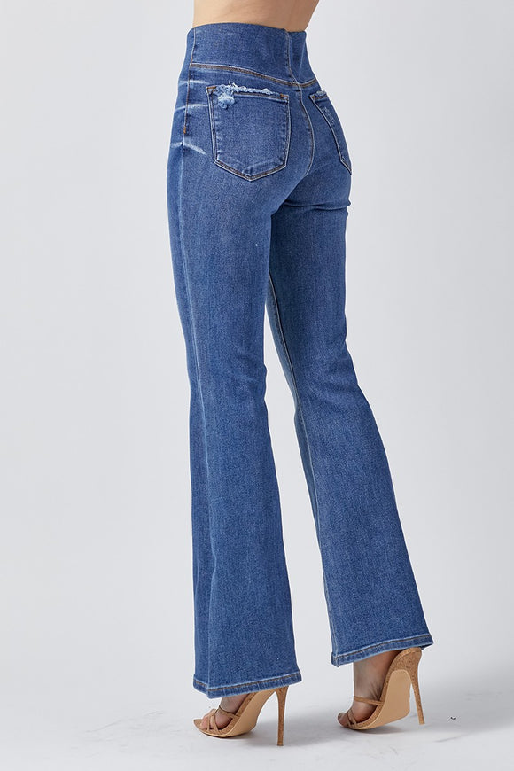 Risen Pull On Flare High Rise Jeans/Dark Wash