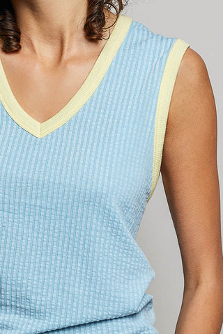 Jaylin V-Neck Sleeveless Solid Contrast Rib Knit Top