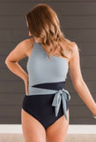 On the Coast One Shoulder Swimsuit - Navy & Slate Blue
